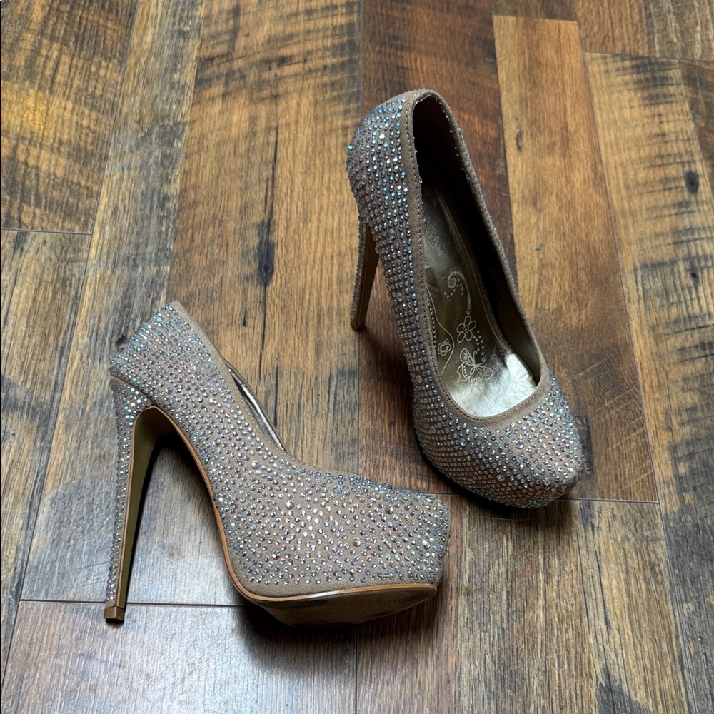 Elegant Rhinestone Embellished Tan Heels